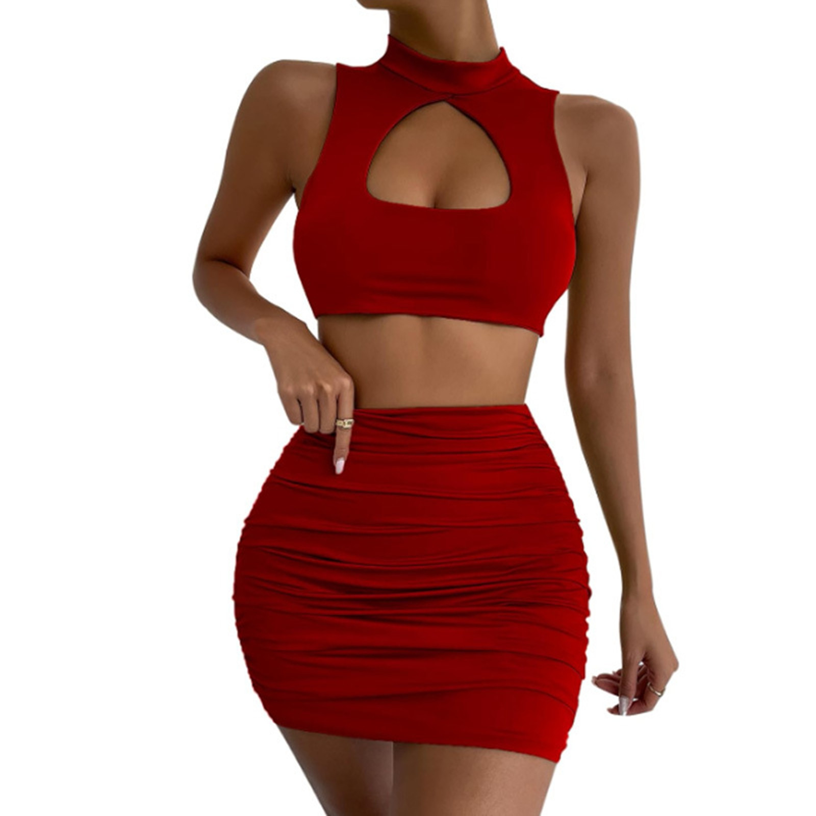 thumbnail image 5 of Conjunto de top corto con aberturas y falda para mujer: vestido ajustado sexy, poliéster y spandex, conjunto para salir de fiesta por la noche, 5 of 5